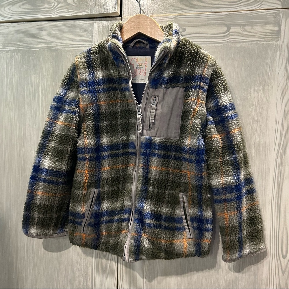 Mini Boden Olive, Blue & Orange Plaid Faux-Fur Zip Jacket